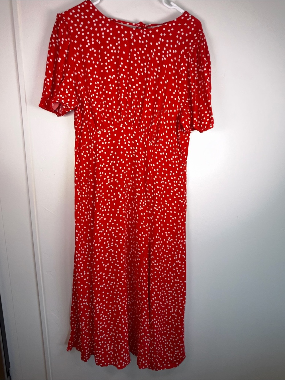 NWT Emily Daniels Red White Polka Dot Midi Dress Tie Back Puff Sleeve Large